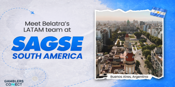 Aerial view of Buenos Aires with text inviting attendees to meet Belatra's LATAM team at SAGSE South America.