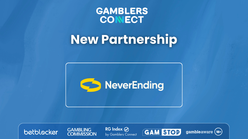 Gamblers Connect and Neverending official partnership announcement banner featuring the Neverending logo and industry trust seals like BetBlocker and GamStop.