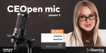 A promotional graphic for CEOpen Mic Season 3 featuring guest Marina Martini, CEO of Martini's Affiliates, alongside a professional microphone.