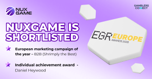Official announcement graphic for NuxGame being shortlisted at the EGR Europe Awards 2026 for CEO achievement and marketing excellence.