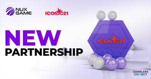 Official partnership announcement banner between NuxGame and ICONIC21 featuring iGaming software and live dealer solutions.