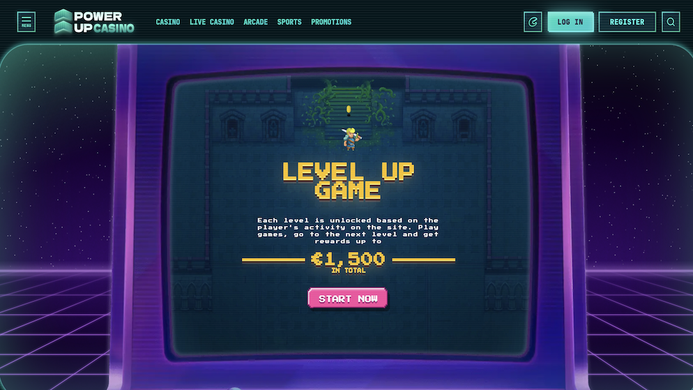 Retro arcade-themed Level Up game at PowerUp Casino with rewards up to 1,500 Euro.