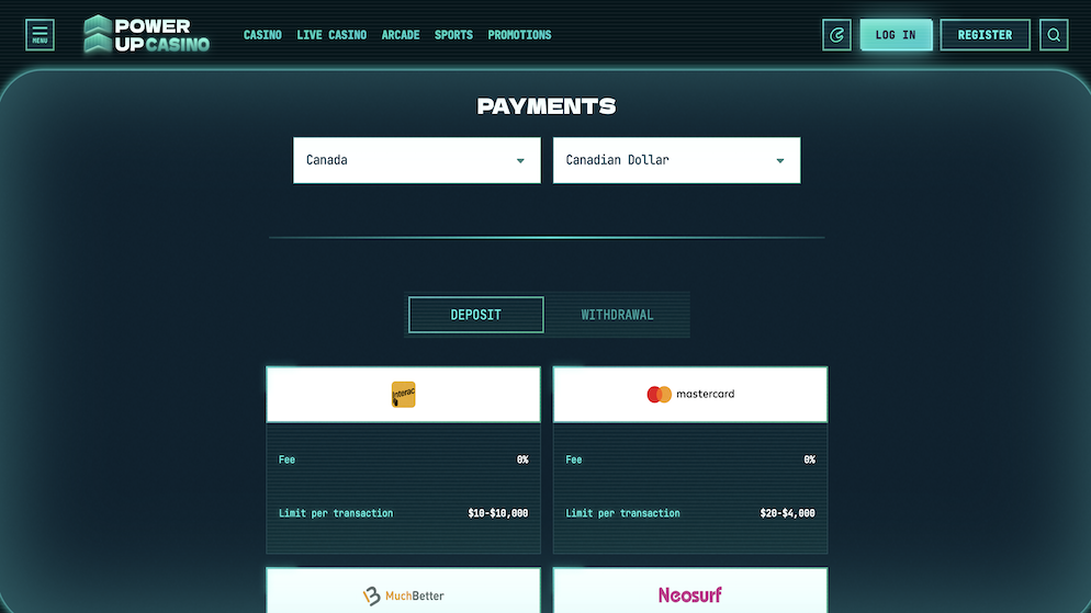 Secure payment and deposit options at PowerUp Casino for Canadian players.