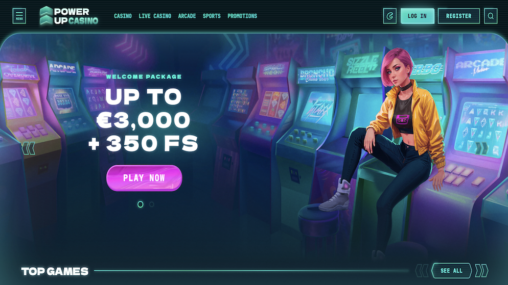 PowerUp Casino welcome package banner offering up to €3,000 and 350 free spins for new players.