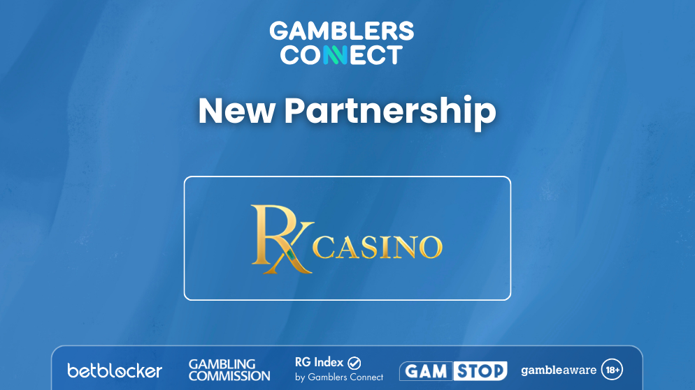 A blue official partnership banner for Gamblers Connect and RX Casino, displaying logos for BetBlocker and the Responsible Gambling Index.