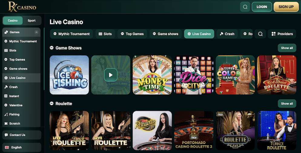 The Live Casino section of RX Casino showcasing Game Shows like Money Time and various Live Roulette tables.