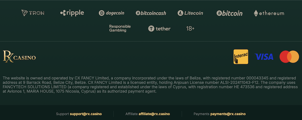 The footer of RX Casino displaying payment logos for Bitcoin, Ethereum, Visa, and Interac, alongside the Anjouan license seal.