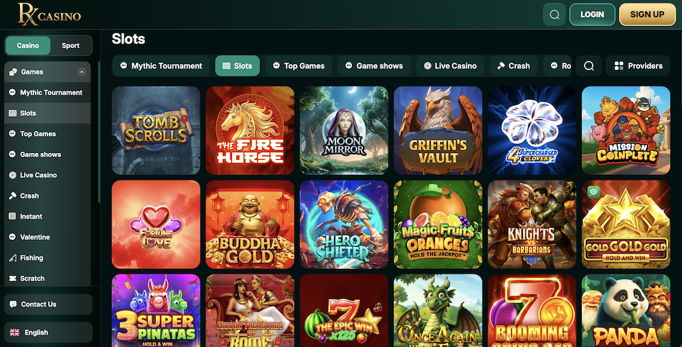 The RX Casino slots category page displaying a grid of games like Tomb Scrolls, Fire Horse, and Moon Mirror from 60+ providers.