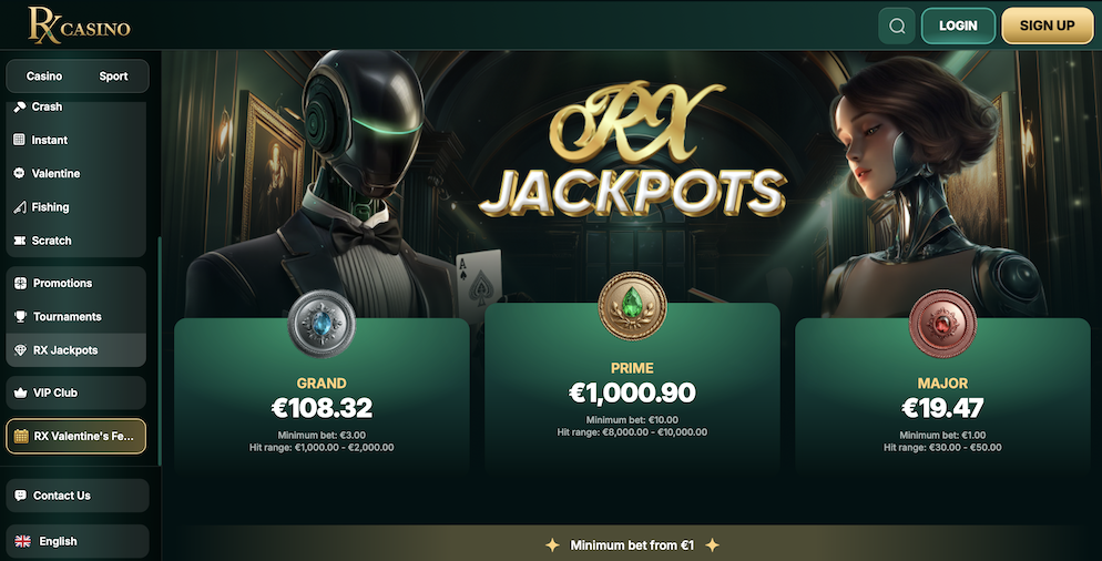 The RX Jackpots page featuring robotic characters and three prize tiers: Grand (€108), Prime (€1,000), and Major (€19) with hit ranges.