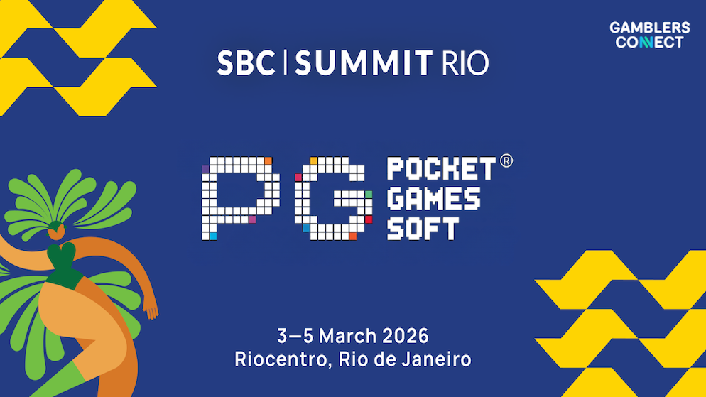 Official SBC Summit Rio 2026 event branding for the March gathering at Riocentro, representing PG Soft as official sponsor.