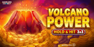 Official promotional banner for Spinomenal's Volcano Power - Hold & Hit 3x3 slot game featuring a volcano and gold coins.