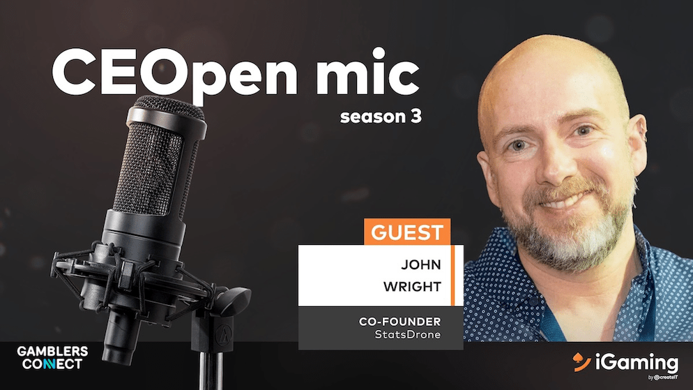 "Promotional graphic for CEOpen Mic Season 3 featuring guest John Wright from StatsDrone and the iGaming by createIT logo."