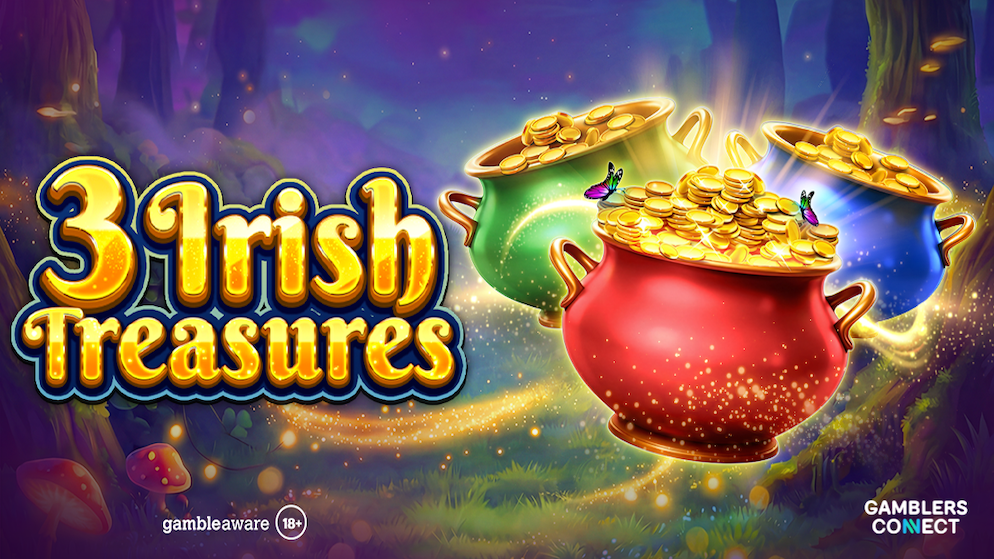 High-quality graphics showing the three pots of gold at the center of the 3 Irish Treasures Hold & Hit slot display.
