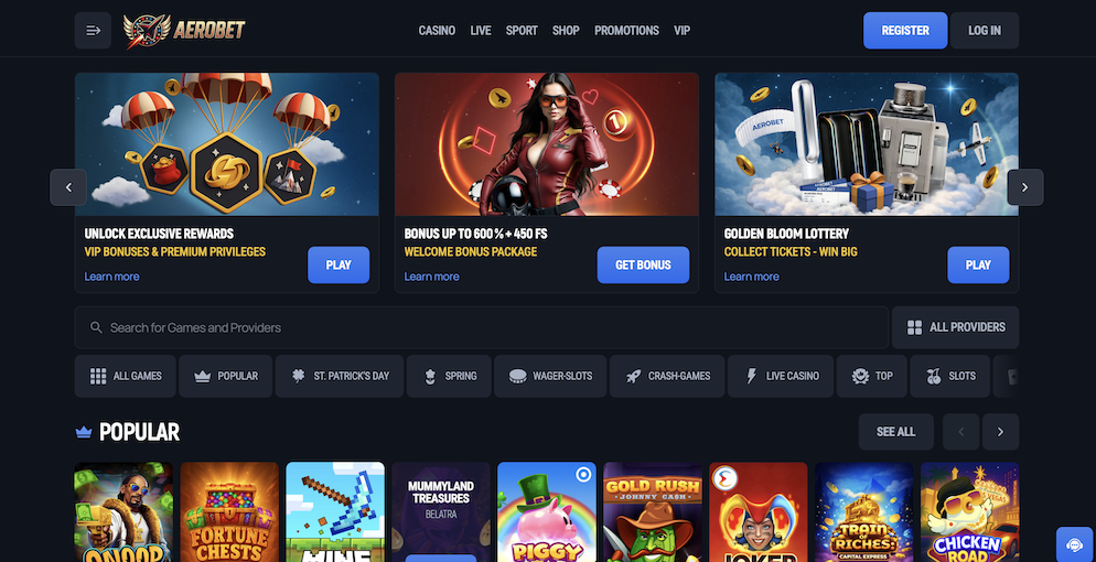 Aerobet Casino homepage