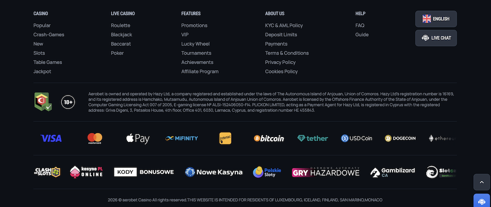 Aerobet Casino footer showing its Anjouan gaming license, 18+ badge, and supported payments including Visa, Apple Pay, Bitcoin, and Tether.