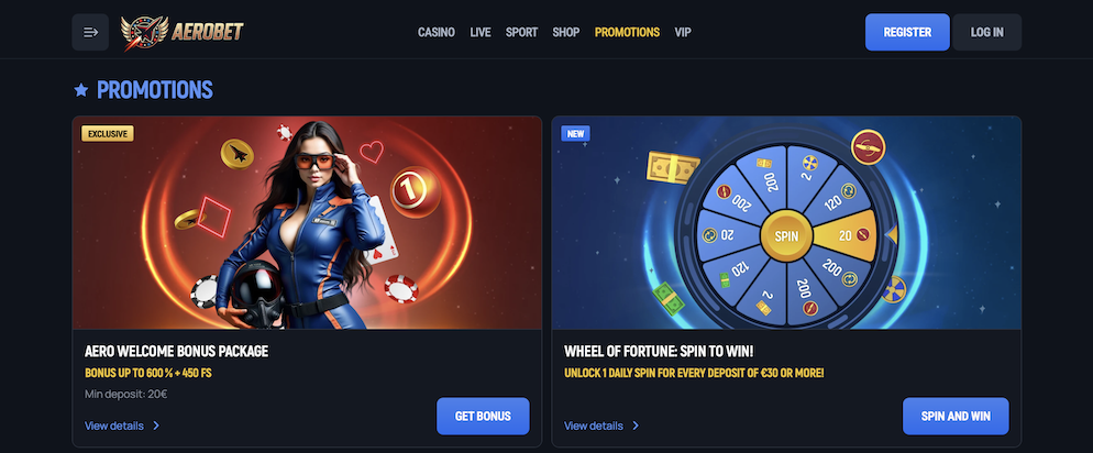 Promotional banners for Aerobet showing the Aero Welcome Bonus Package of up to 600% + 450 FS and the Wheel of Fortune daily lucky spin.