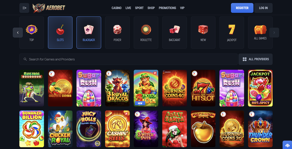 A wide selection of Aerobet Casino online slots including Sugar Rush, Elvis Frog, and 3 Pots of Luck from providers like Pragmatic Play and BGaming.