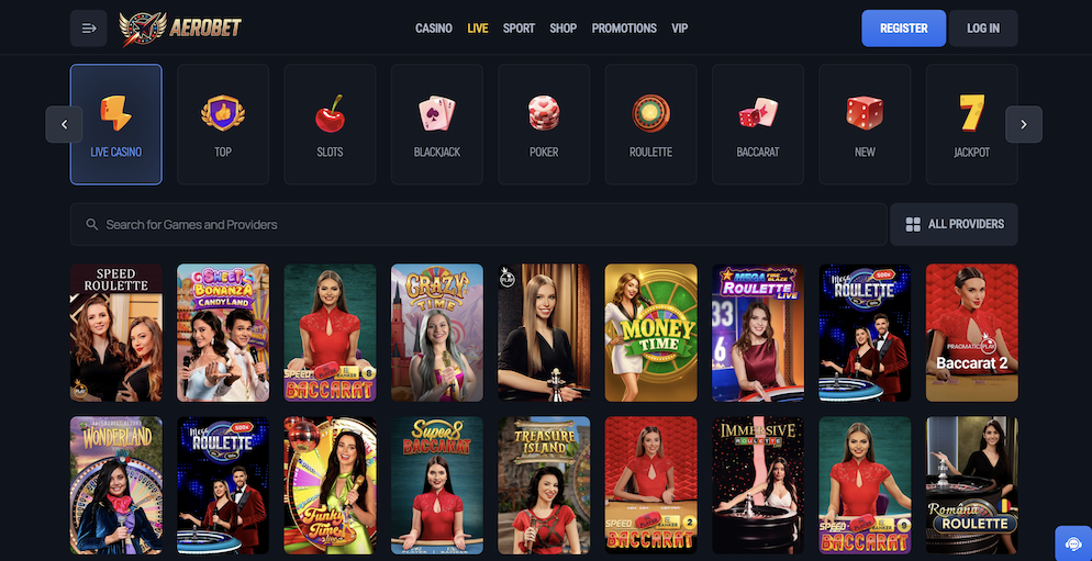 The Aerobet Live Casino lobby showcasing professional dealers for Speed Roulette, Crazy Time, Mega Fire Blaze Roulette, and Baccarat.