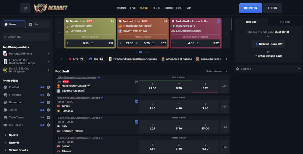 The Aerobet Sportsbook interface showing live betting odds for Football, Tennis, and Basketball with a modern bet slip management tool.