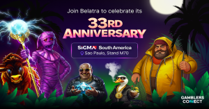 Promotional graphic for Belatra Games celebrating its 33rd anniversary at SiGMA South America in Sao Paulo, Stand M70, featuring various slot characters.