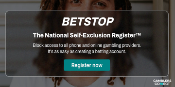 A digital interface for BetStop, the National Self-Exclusion Register of Australia, featuring a "Register Now" button.