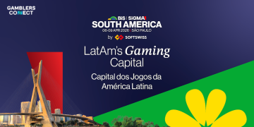 Official banner for BiS SiGMA South America 2026 in São Paulo, featuring the Octavio Frias de Oliveira Bridge and Softswiss branding.