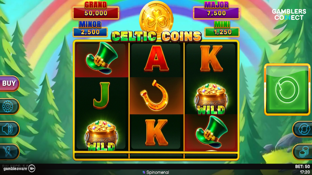 A screenshot of the bonus game in Celtic Coins showing locked golden shamrock coins and the four jackpot tiers: Grand, Major, Minor, and Mini.