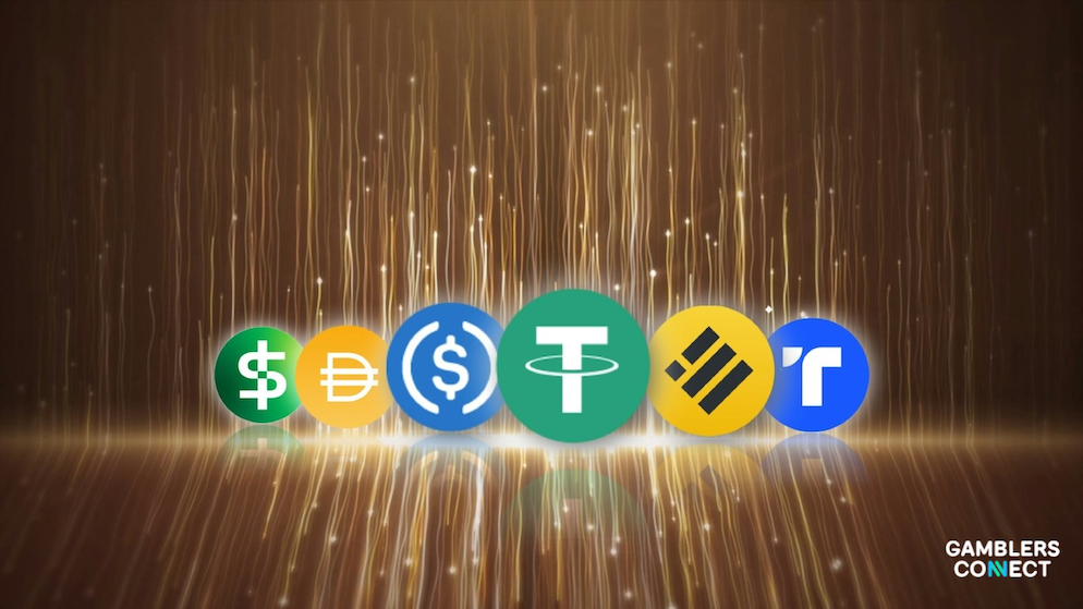 Infographic-style representation of popular stablecoins used for near-instant 5-to-15 minute withdrawals at online casinos.