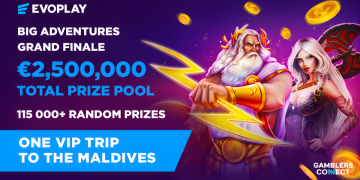 Evoplay Big Adventures grand finale promotional banner showing a €2.5 million prize pool and a VIP trip to the Maldives with Zeus and elf characters.