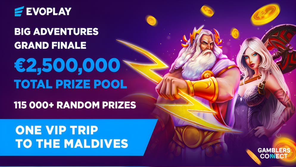 Close-up of Evoplay's "Big Adventures" promotional material highlighting the total prize pool and random prize mechanics.
