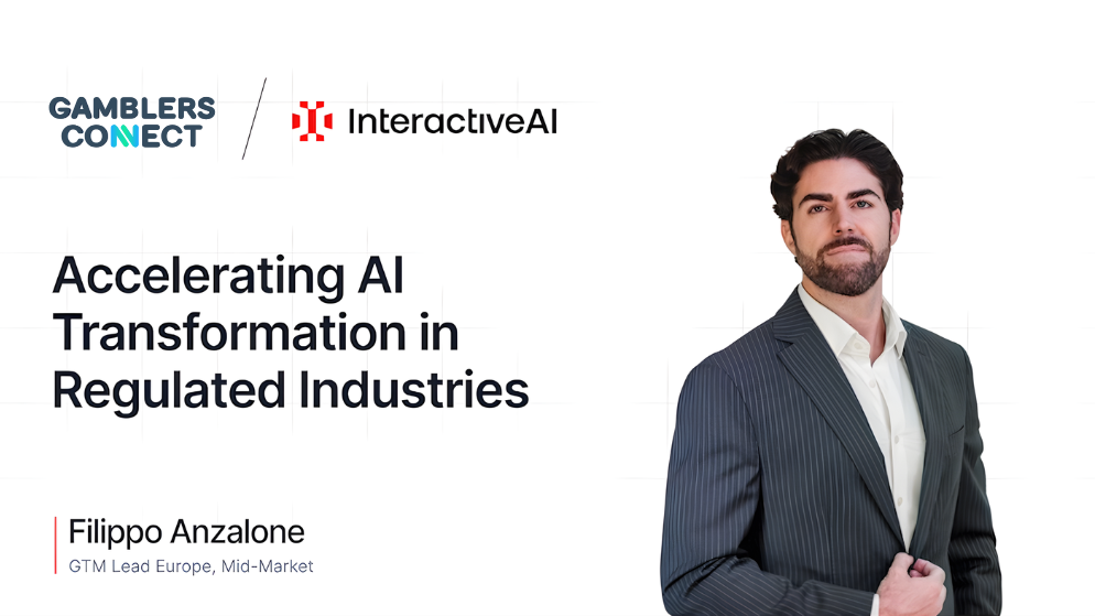 Promo image featuring Gamblers Connects' contributor Filippo Anzalone on a white background with the corporate logos of Gamblers Connect and InteractiveAI next to each other