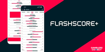 A digital graphic showing the Flashscore+ app interface on two smartphones with the Flashscore+ logo on the right.