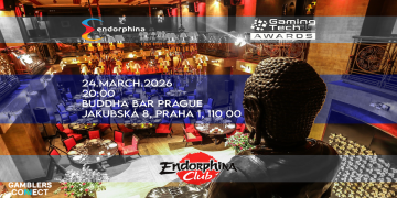 Promotional banner for the Endorphina Club Awards Party at Buddha Bar Prague, featuring the Endorphina and GamingTECH Awards logos over a luxurious restaurant interior.