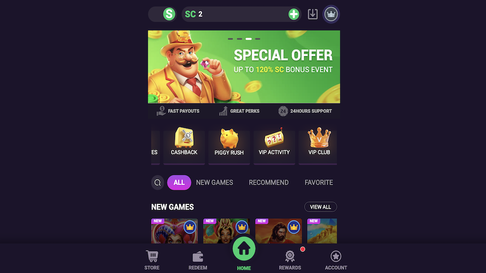 The main home screen of the GoGoGold mobile app showing the top menu with Gold Coins and Sweeps Coins, navigation tabs, and a 120% SC bonus offer.