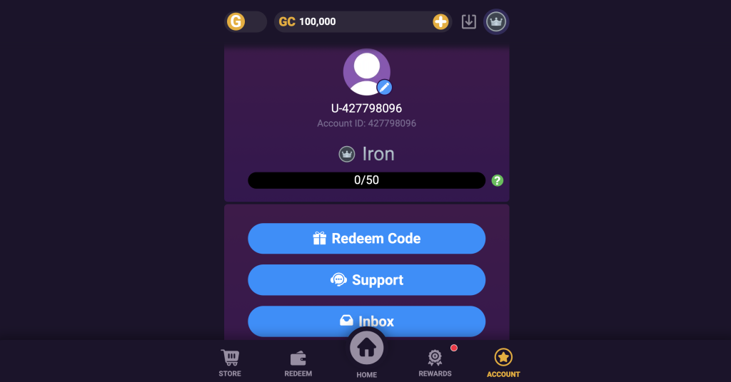 The GoGoGold user account dashboard showing the unique Account ID, "Iron" VIP status, and support/inbox buttons.