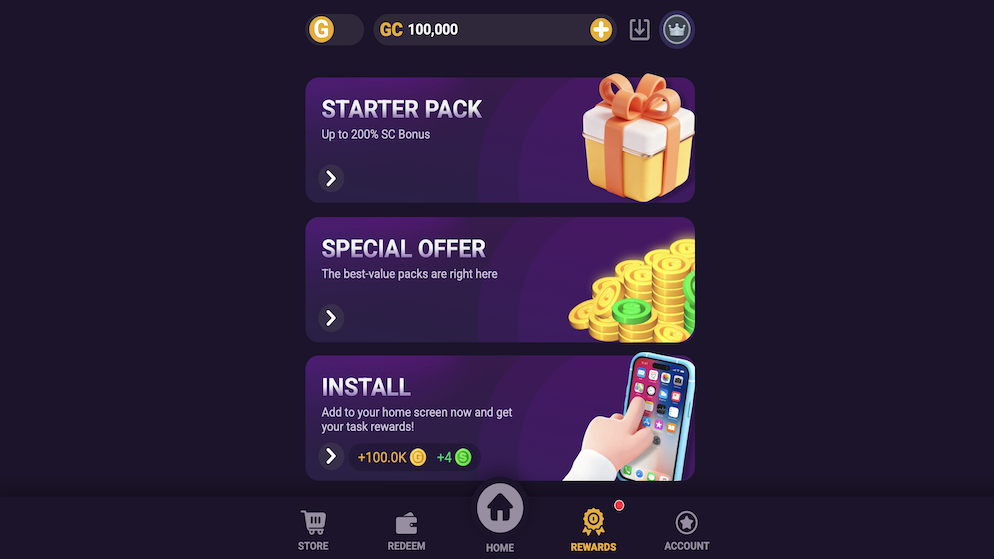 The rewards section of GoGoGold showcasing the Starter Pack with a 200% SC bonus and special install rewards.