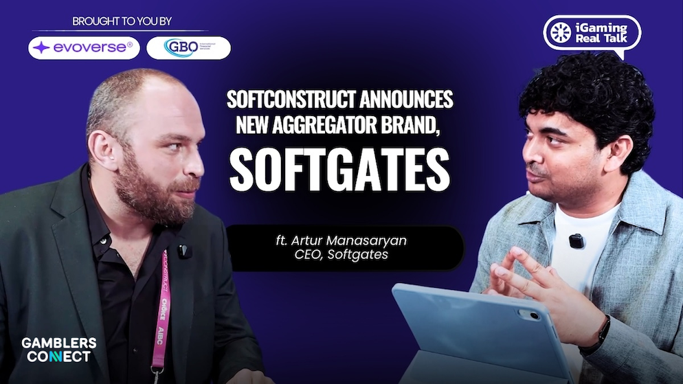 A promotional graphic for the iGaming Real Talk podcast featuring SoftConstruct's new aggregator brand, Softgates, with Artur Manasaryan.