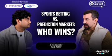 Surya Palli interviewing Tom Light, CEO of FIRST, at the AIBC Eurasia event in Dubai discussing sports betting vs prediction markets.