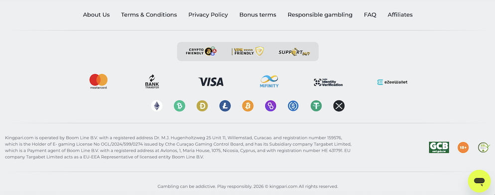 KingPari footer showing payment icons like Visa, Mastercard, Interac, and various cryptocurrencies next to the Curacao license seal.