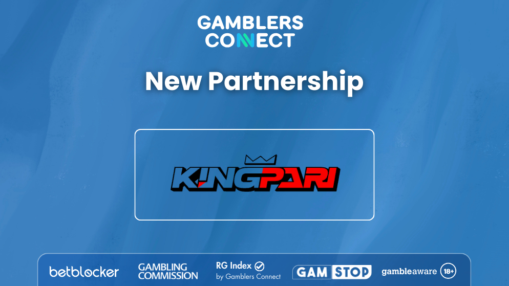A stylized Kingpari Casino "New Partnership" graphic with GamStop, BeGambleAware, and Gamblers Connect RG Index logos.