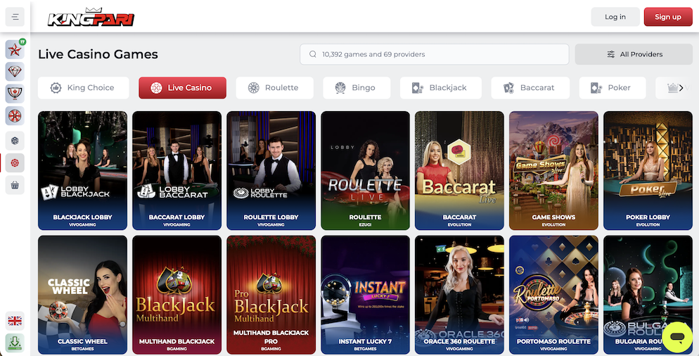 KingPari live casino games lobby featuring live blackjack, roulette, and baccarat powered by Evolution and Vivo Gaming.