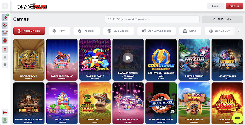 A selection of online slots at KingPari including Book of Dead, Sugar Rush, and Gates of Olympus with over 10,000 games listed.