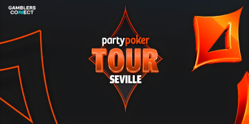 PartyPoker Tour Seville logo in orange and white centered on a dark background with orange card suit geometric patterns.