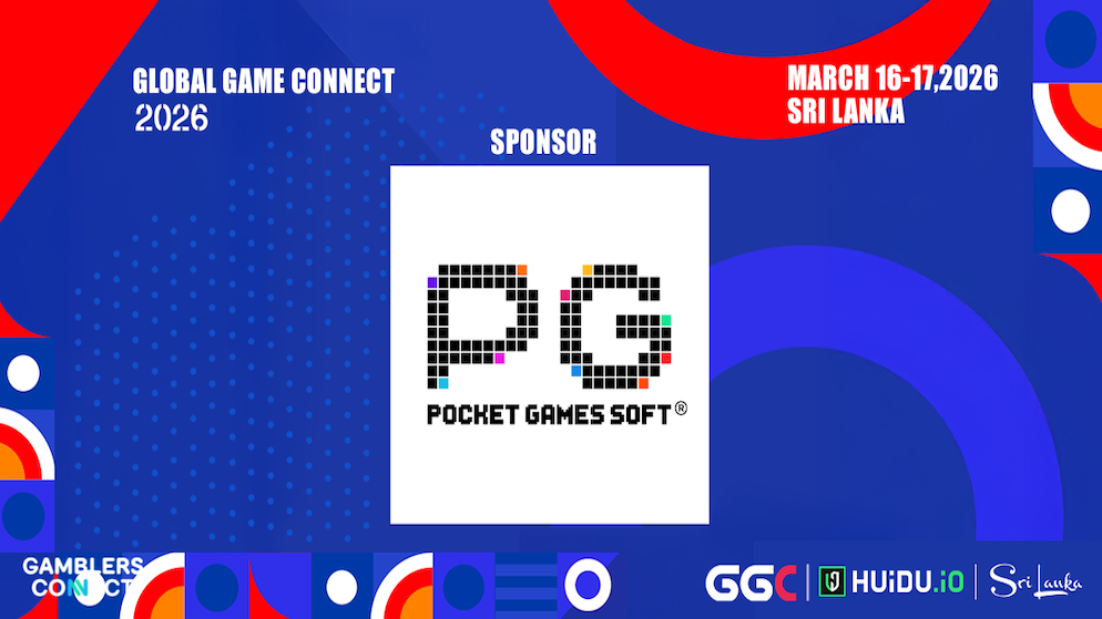 Official sponsorship banner for Global Game Connect 2026 featuring the PG Soft logo and event dates for Sri Lanka.