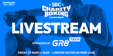 Official promotional banner for the SBC Charity Boxing Championship livestream sponsored by GR8 Tech, featuring two boxers in a blue-tinted action shot.