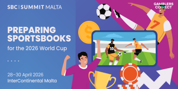 Illustration for SBC Summit Malta 2026 showing soccer players, a mobile betting screen, and sports betting icons.