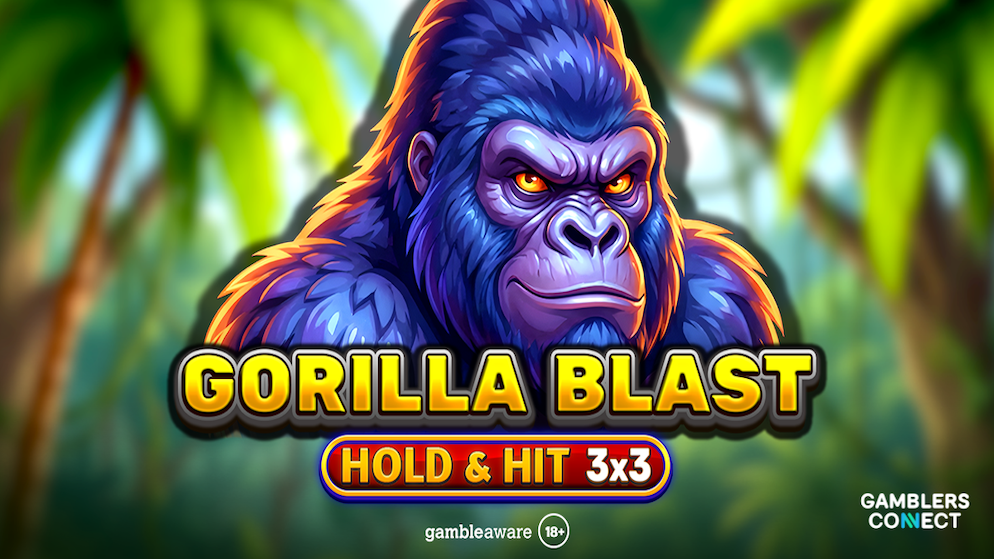 A colorful graphic of a gorilla's face centered above the title "Gorilla Blast Hold & Hit 3x3" against a dense jungle background.