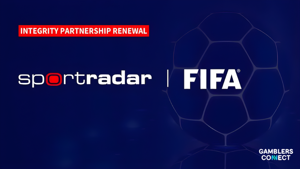 A graphic featuring the Sportradar Group and FIFA logos side-by-side on a dark blue background with the text "Integrity Partnership Renewal".
