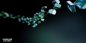 A high-action 3D render of metallic green and silver dice and gaming blocks flying through the air against a dark background, representing the high-performance Tequity Originals suite.