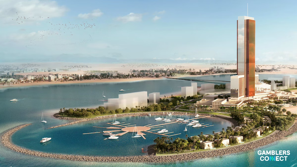 Construction site at Wynn Al Marjan Island with enhanced security measures in place following regional political tensions.